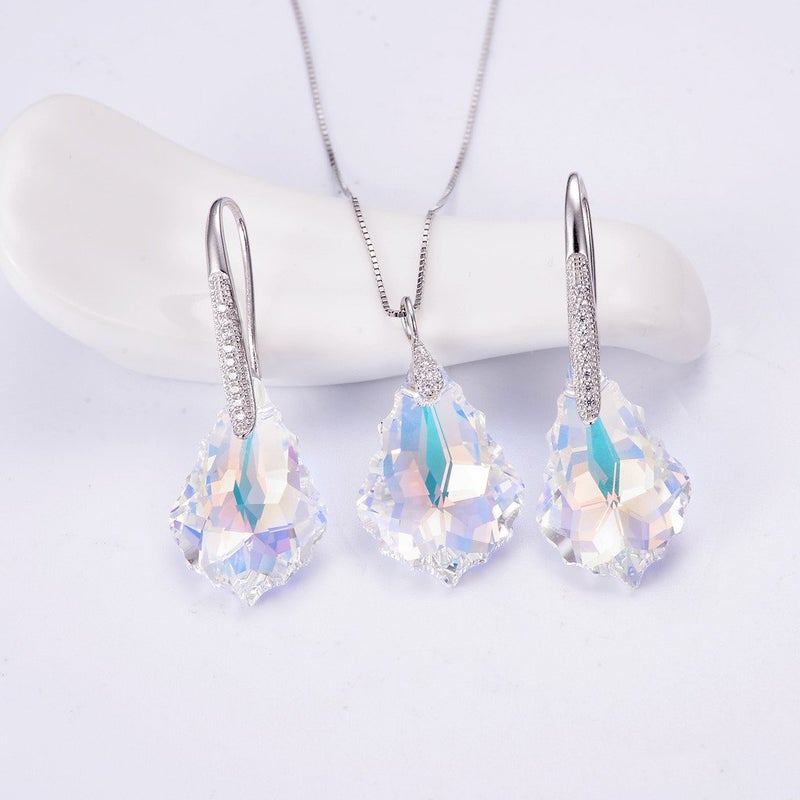 EleQueen 925 Sterling Silver CZ Baroque Drop Pendant Necklace Dangle Earrings Set Iridescent Aurora Borealis Made with Austrian Crystal - Image 3